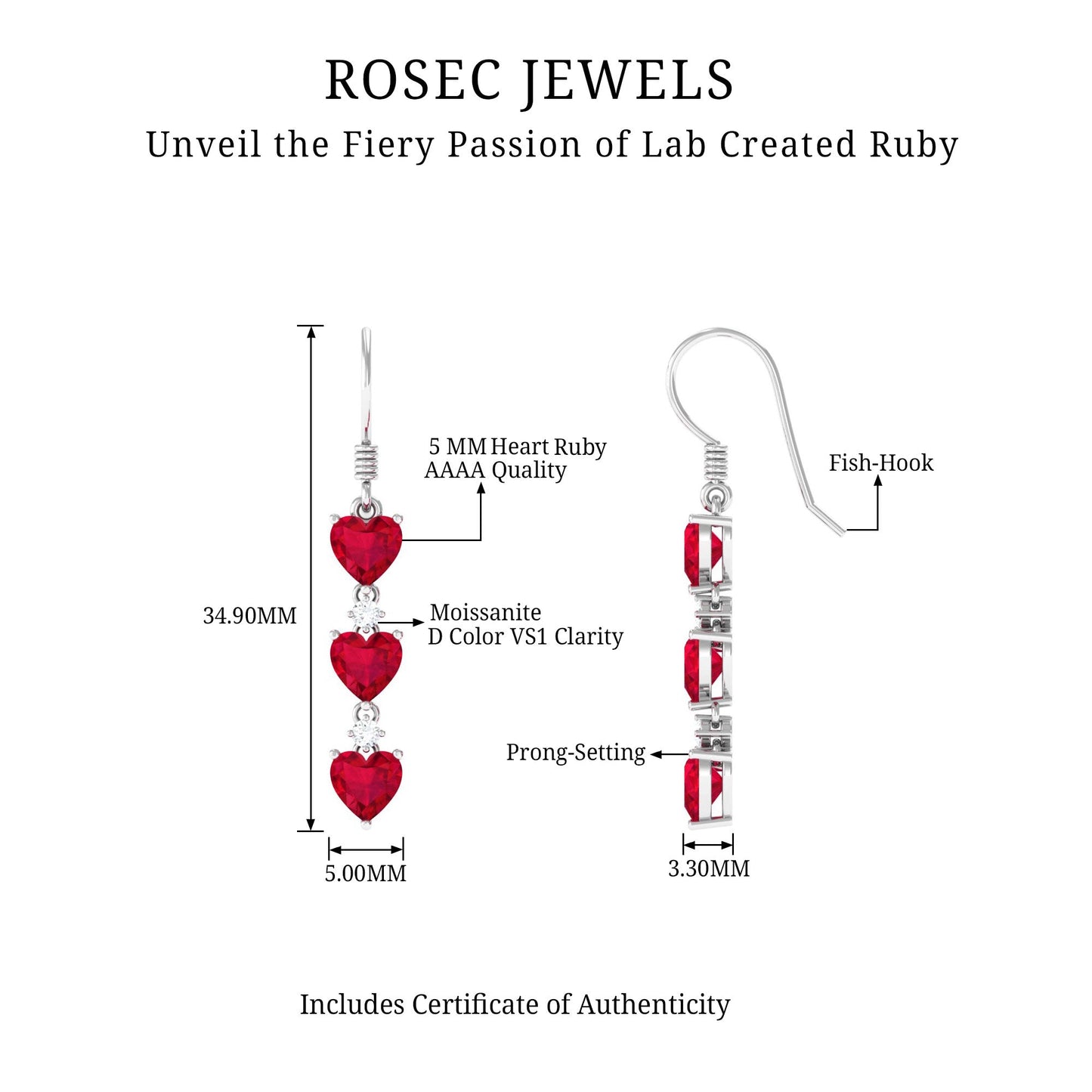 Lab Grown Ruby Heart Dangle Earrings with Diamond