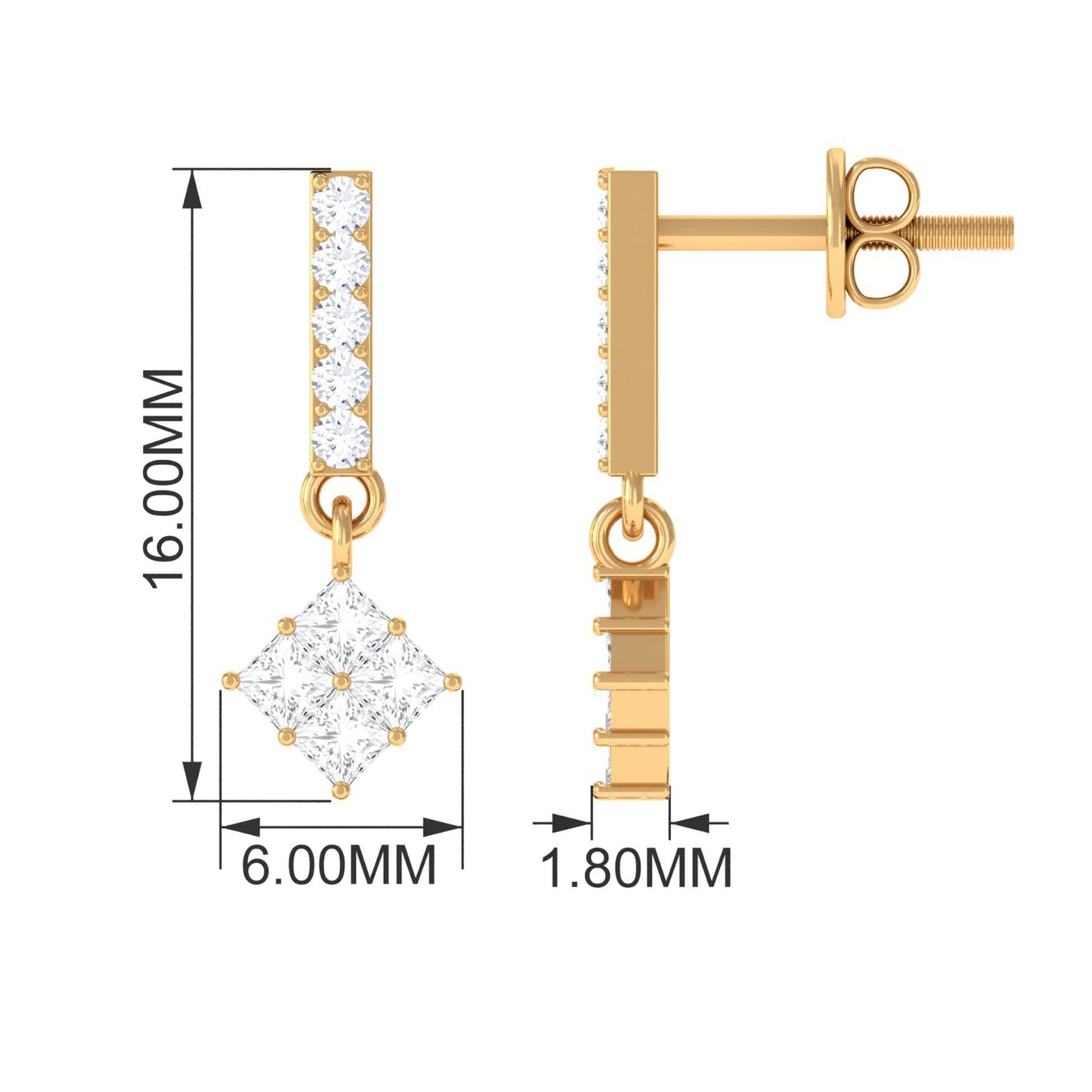 Princess and Round Cut Diamond Contemporary Dangle Earrings