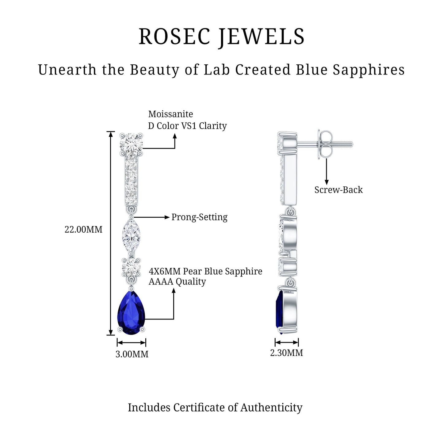 Womens Lab Grown Blue Sapphire Drop Dangle Earrings with Certificate