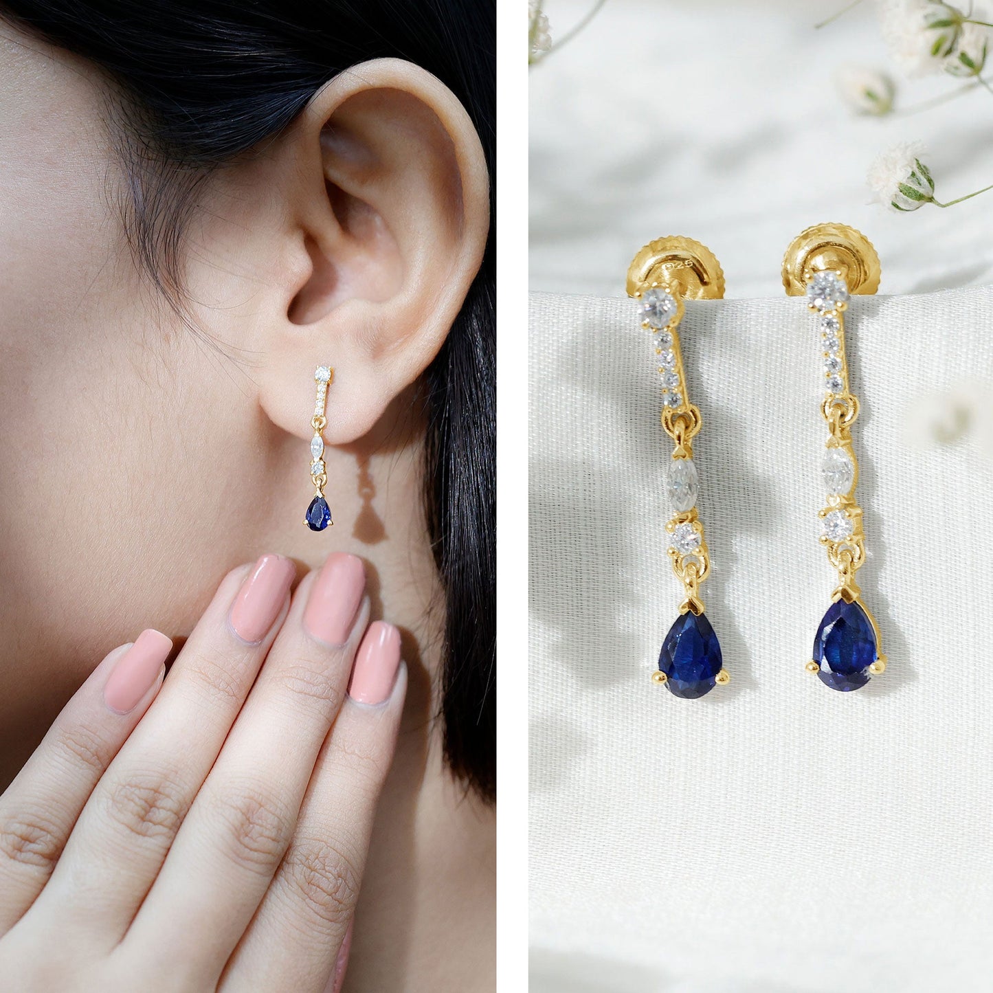 Pear Cut Created Blue Sapphire and Moissanite Long Dangle Earrings