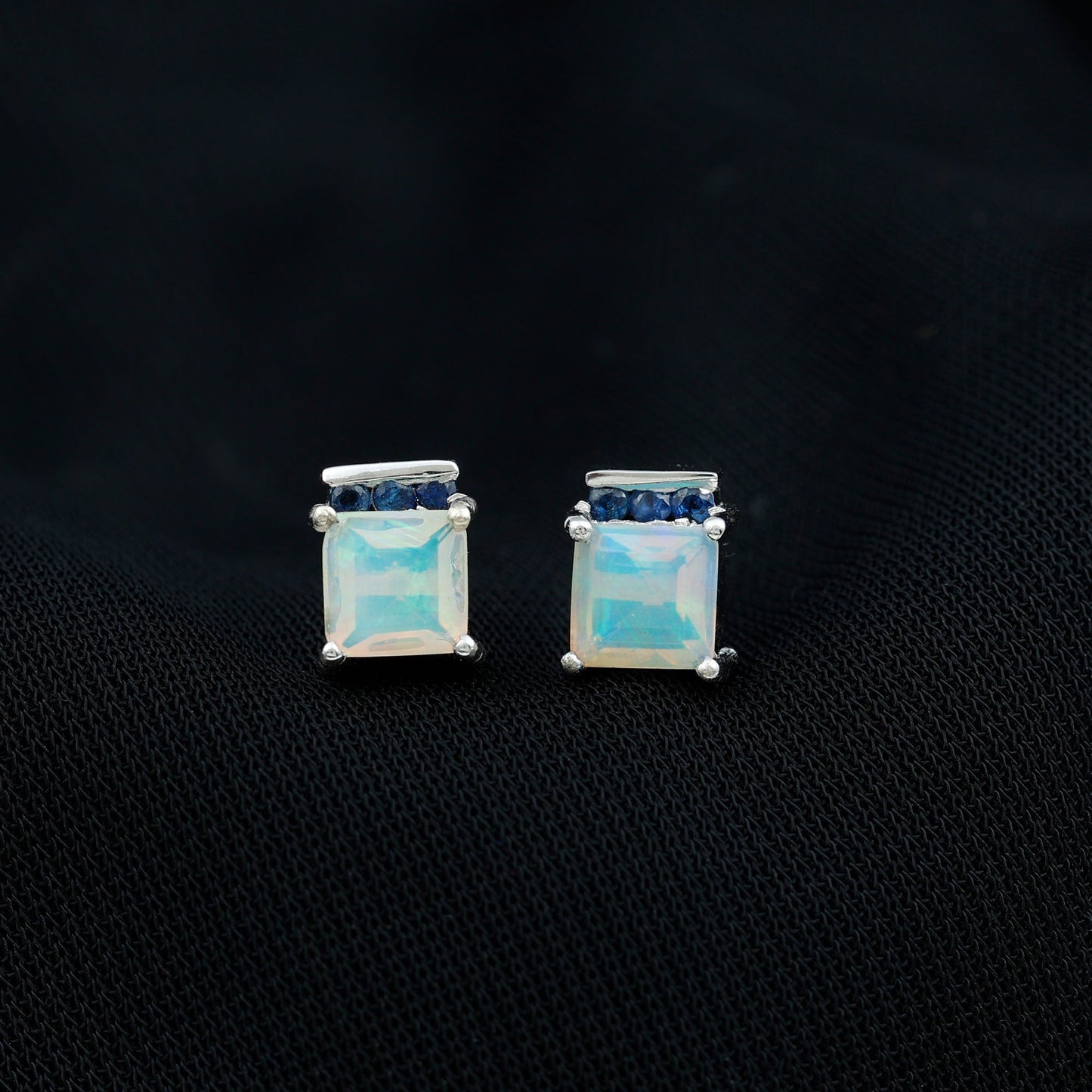 Princess Cut Ethiopian Opal Stud Earrings with Blue Sapphire Trio