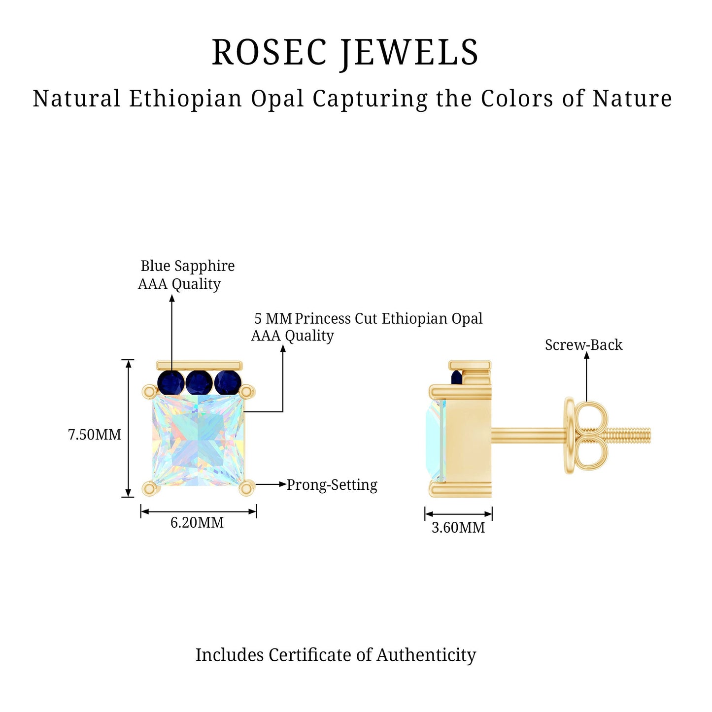 Princess Cut Ethiopian Opal Stud Earrings with Blue Sapphire Trio