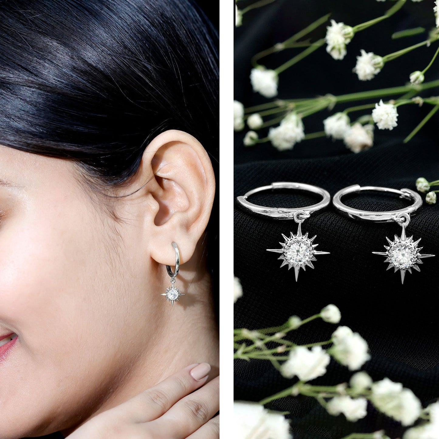 Bezel Set Round Moissanite Sunburst Hoop Drop Earrings
