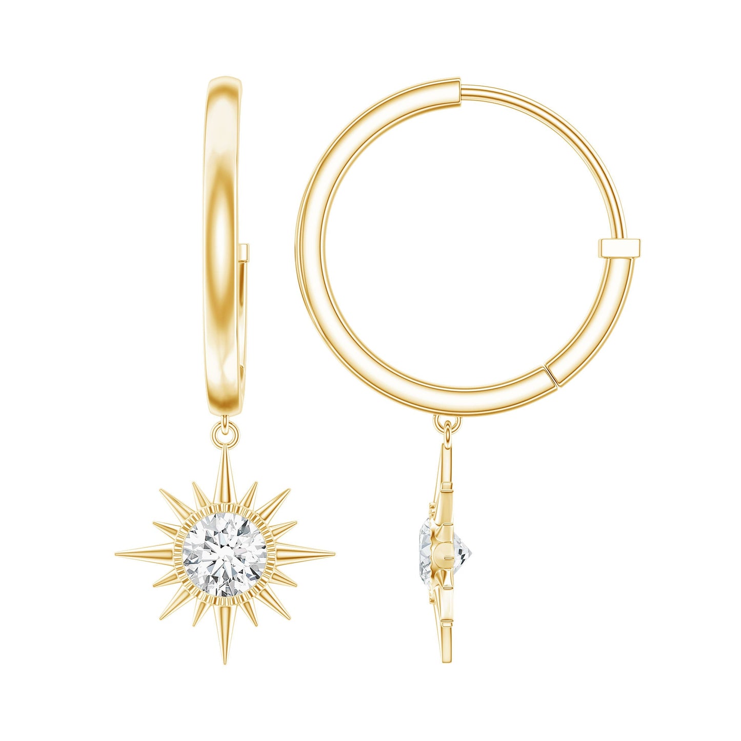 Bezel Set Round Moissanite Sunburst Hoop Drop Earrings
