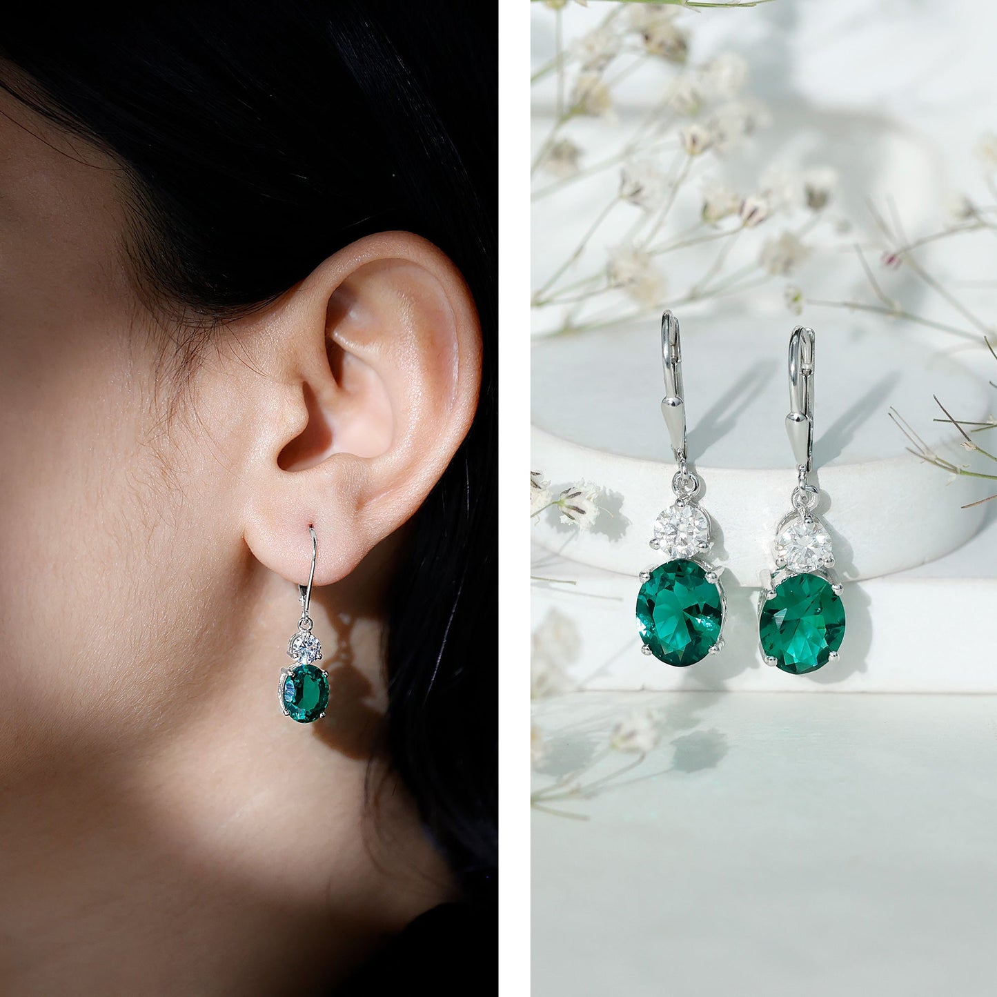 Certified 6 Carat Oval Cut Lab Grown Emerald Drop Hoop Earrings