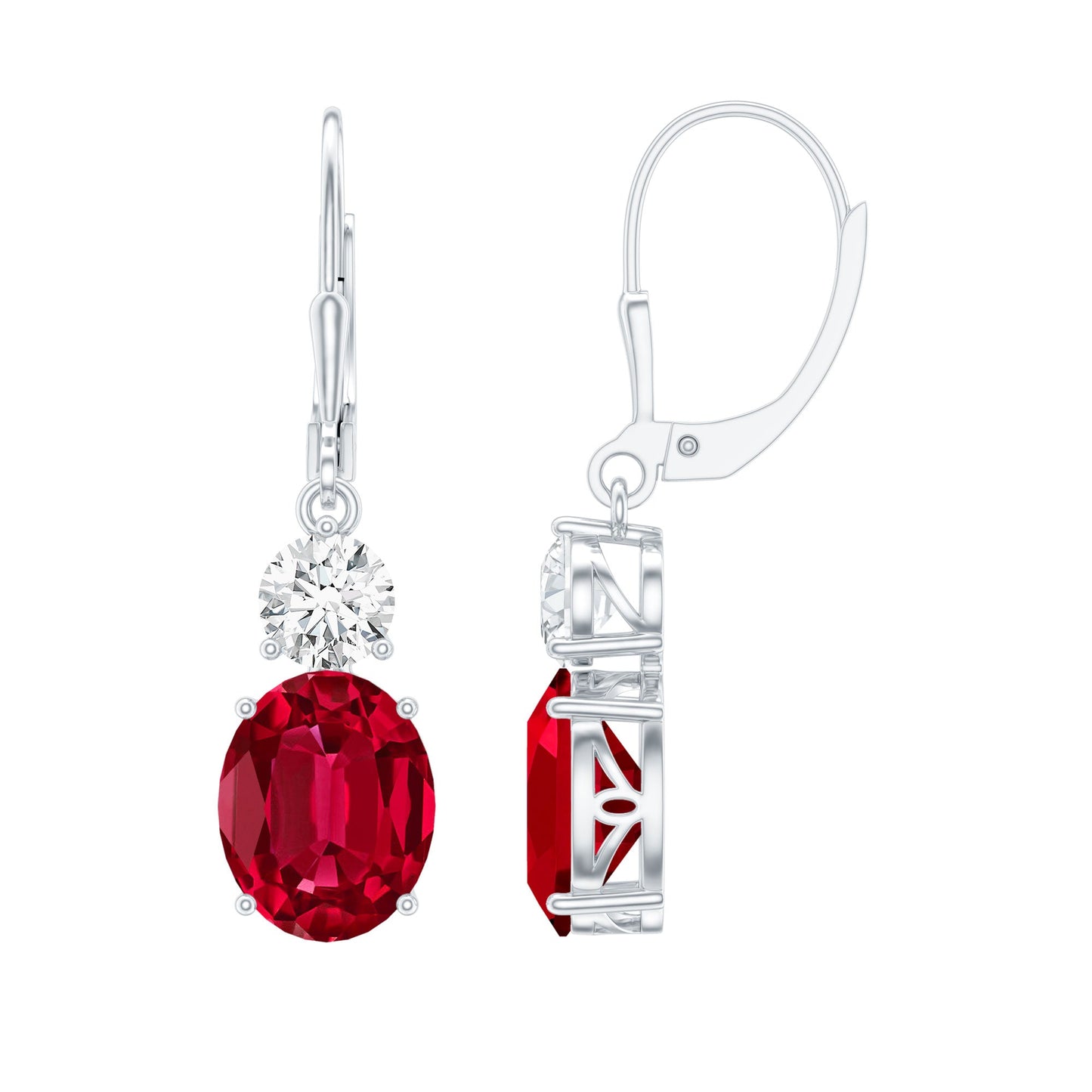 Oval Shape Lab Created Ruby Dangle Drop Earrings with Moissanite