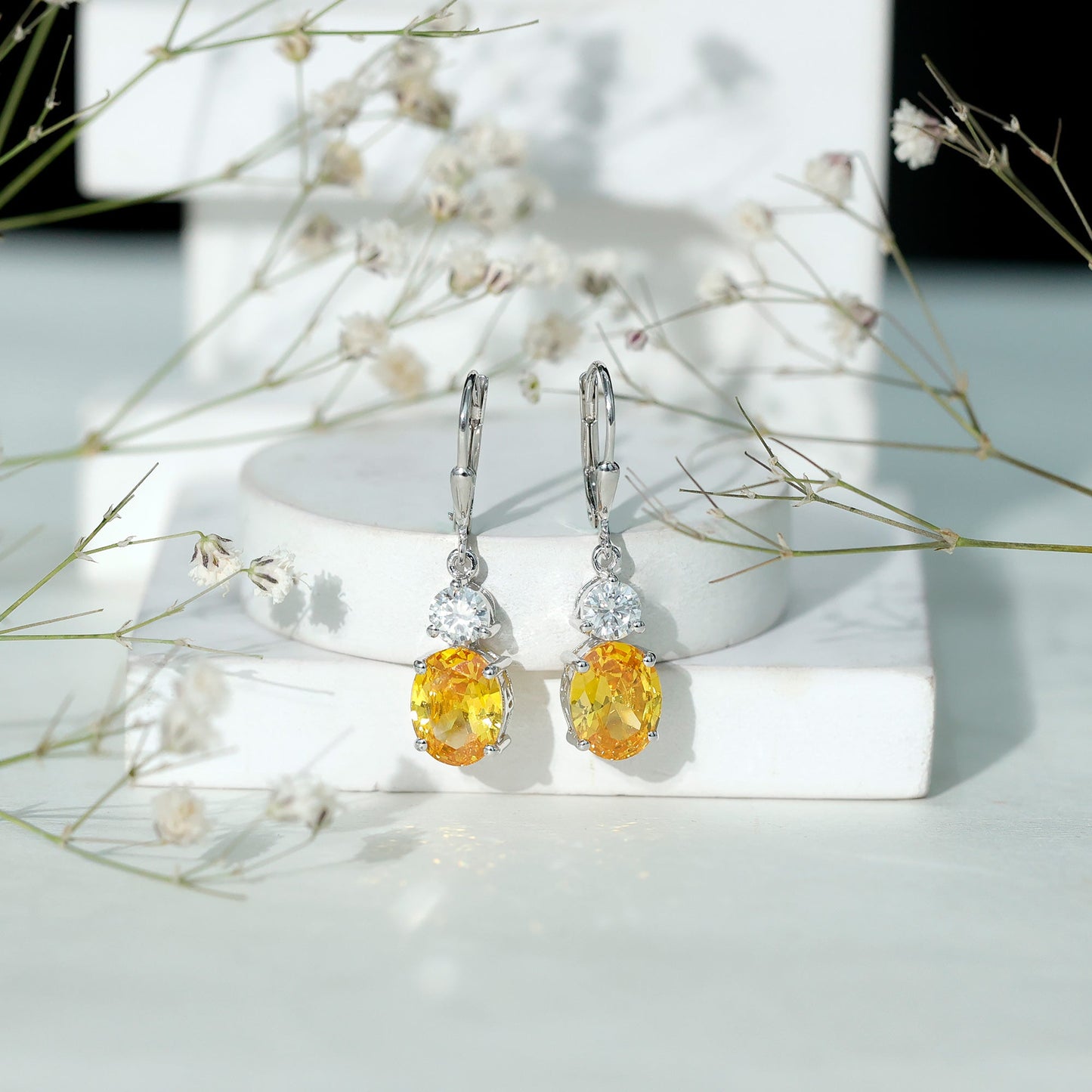 8 Carat Lab Grown Yellow Sapphire Drop Earrings with Leverback