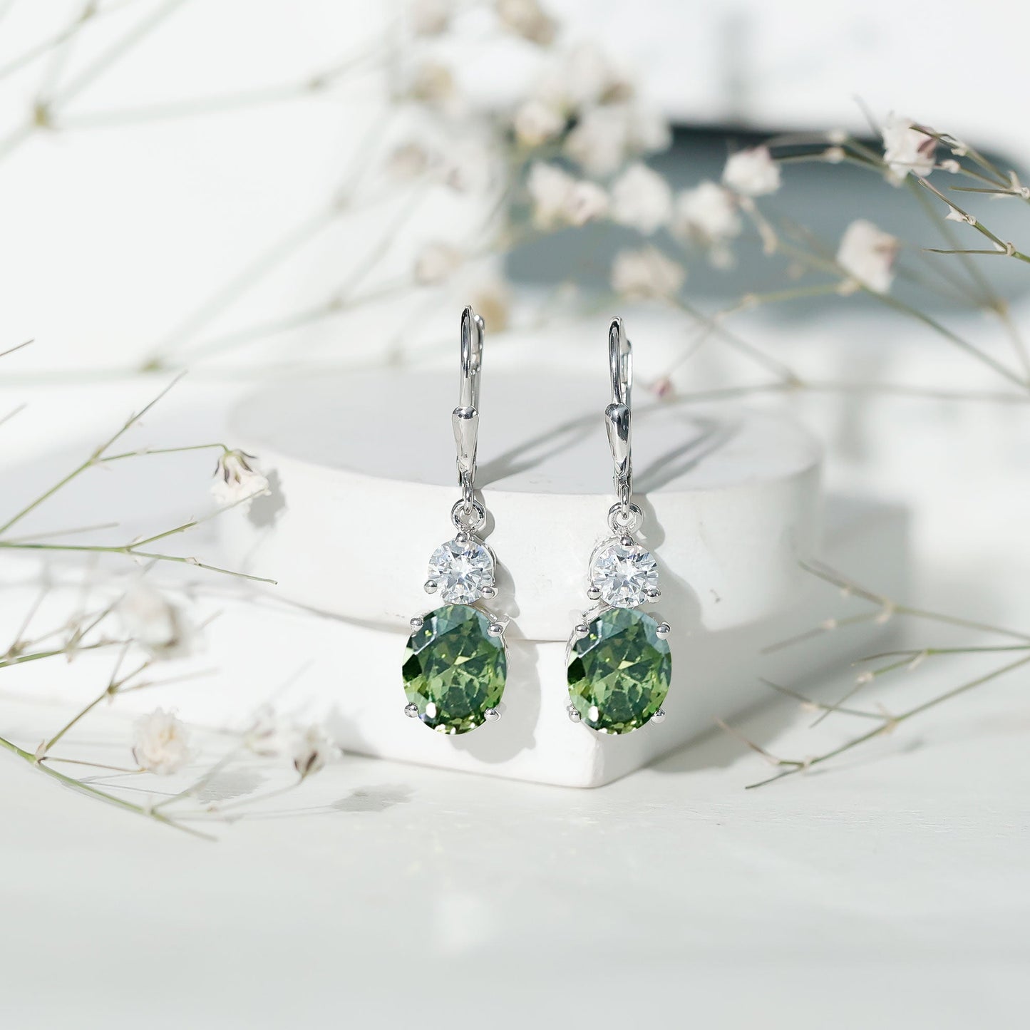 8 Carat Lab Grown Green Sapphire Drop Hoop Earrings with Certificate