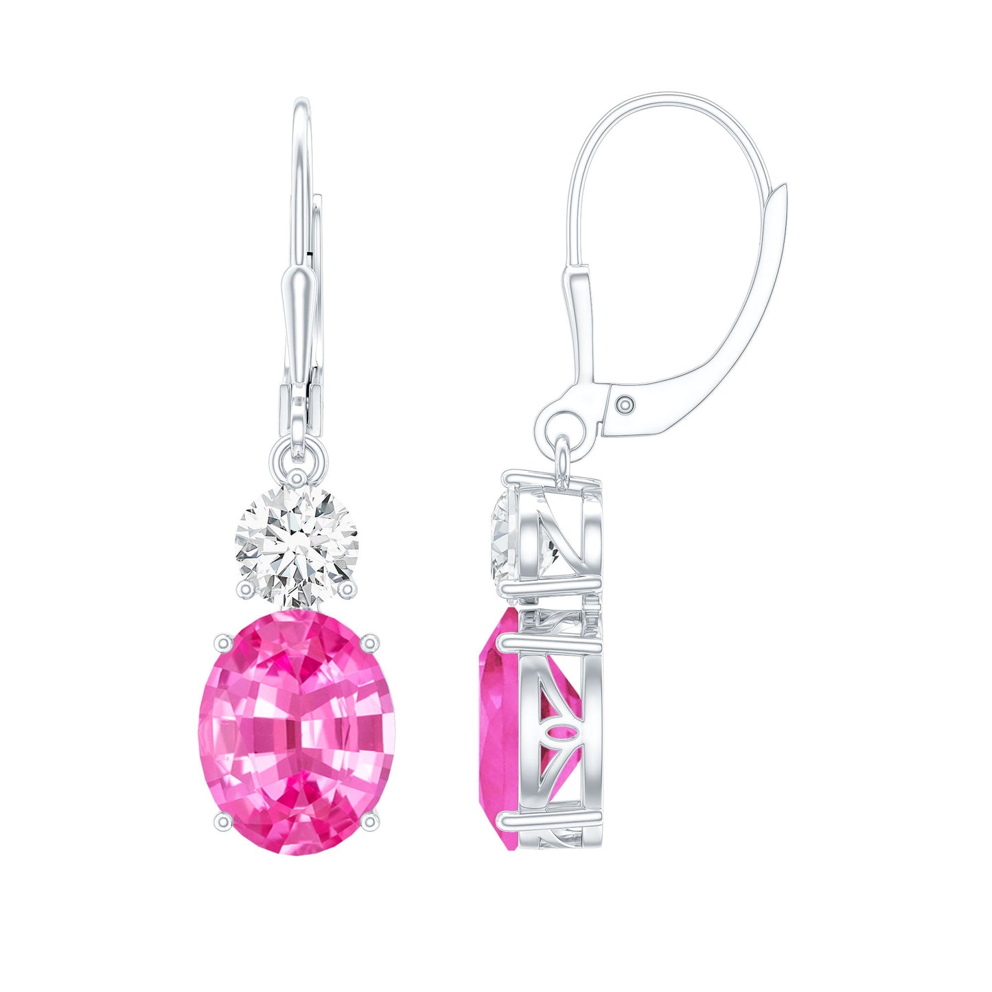 8 Carat Oval Lab Grown Pink Sapphire Drop Hoop Earrings