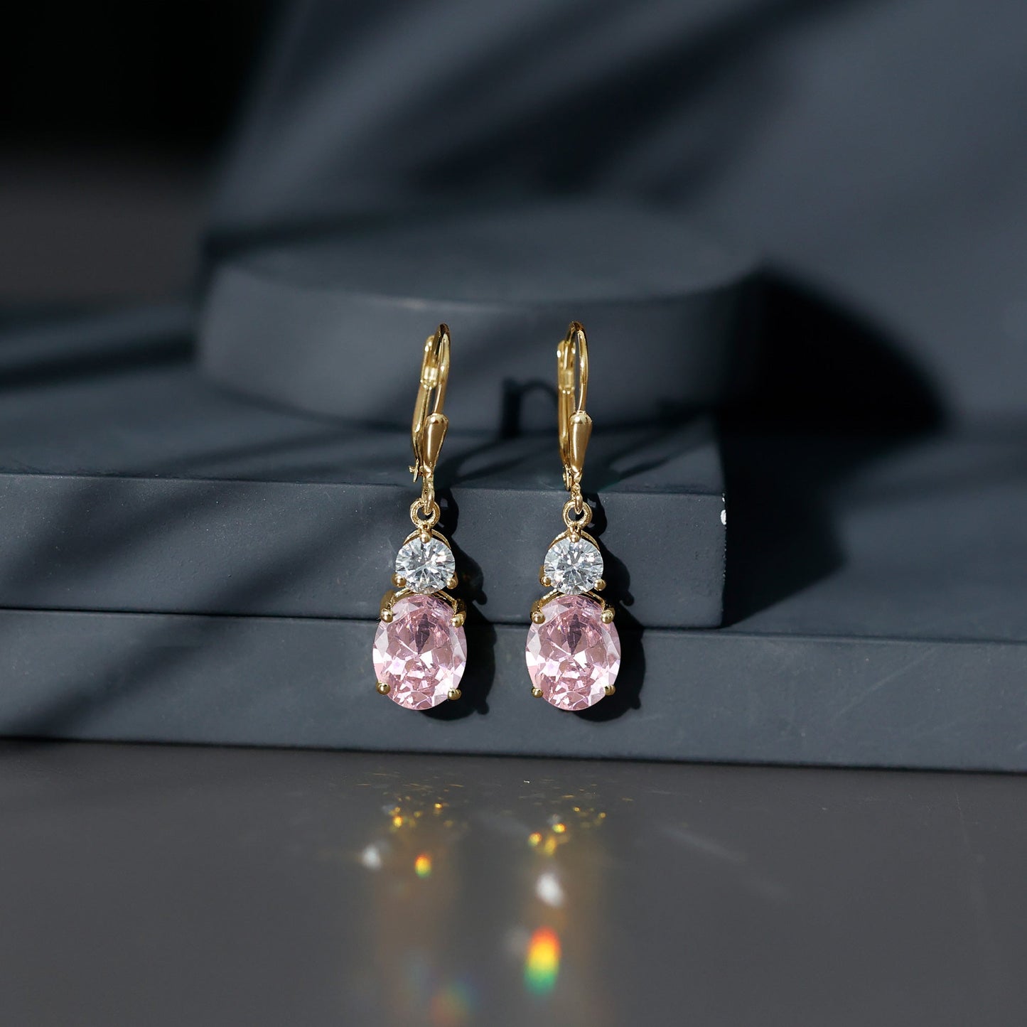 Lab Grown Pink Sapphire and Moissanite Drop Earrings With Leverback