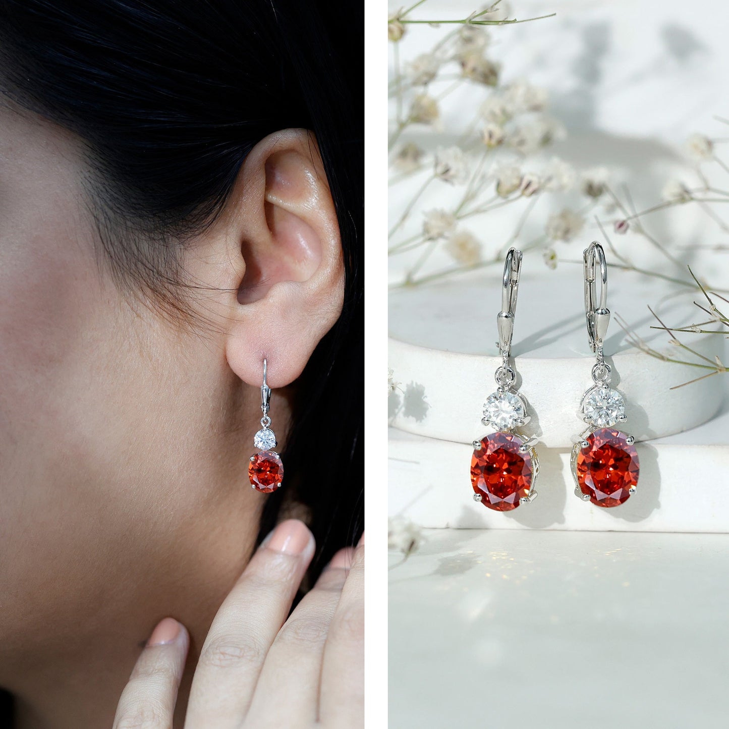 Certified 8 Carat Lab Grown Orange Sapphire Drop Earrings with Moissanite
