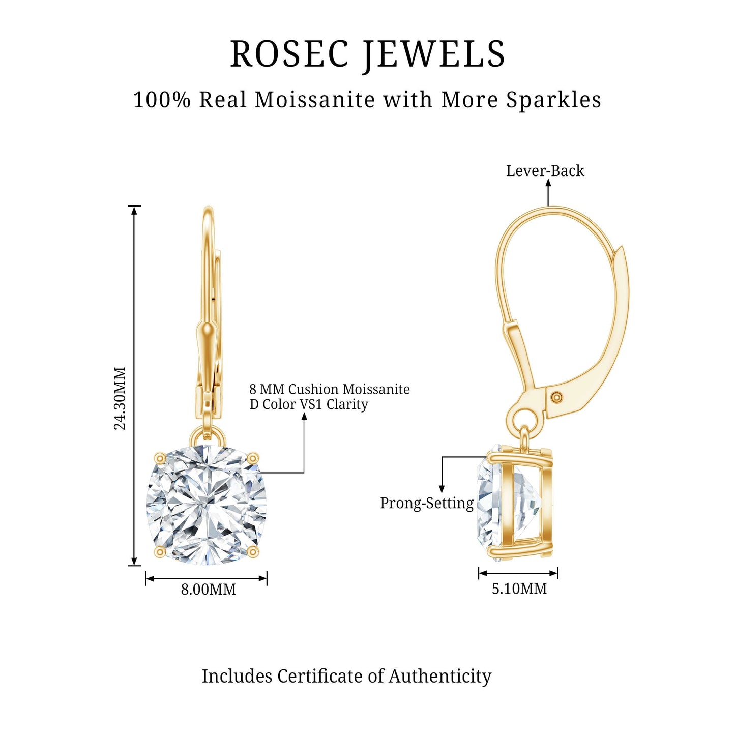 Certified 6 Carat Cushion Cut Moissanite Drop Earrings