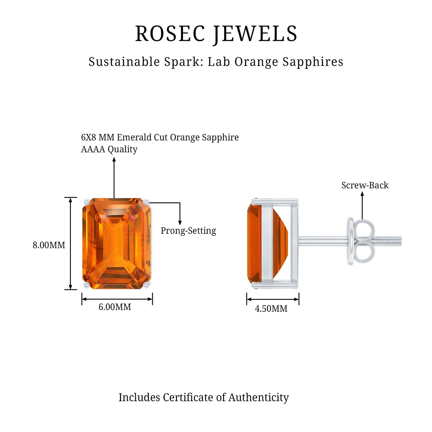 Lab Grown Orange Sapphire Emerald Cut Stud Earrings