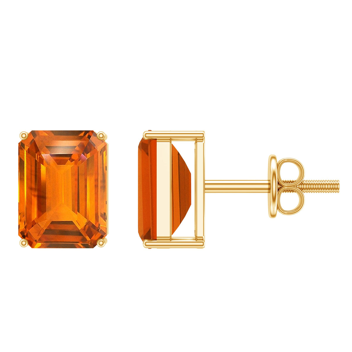 Lab Grown Orange Sapphire Emerald Cut Stud Earrings