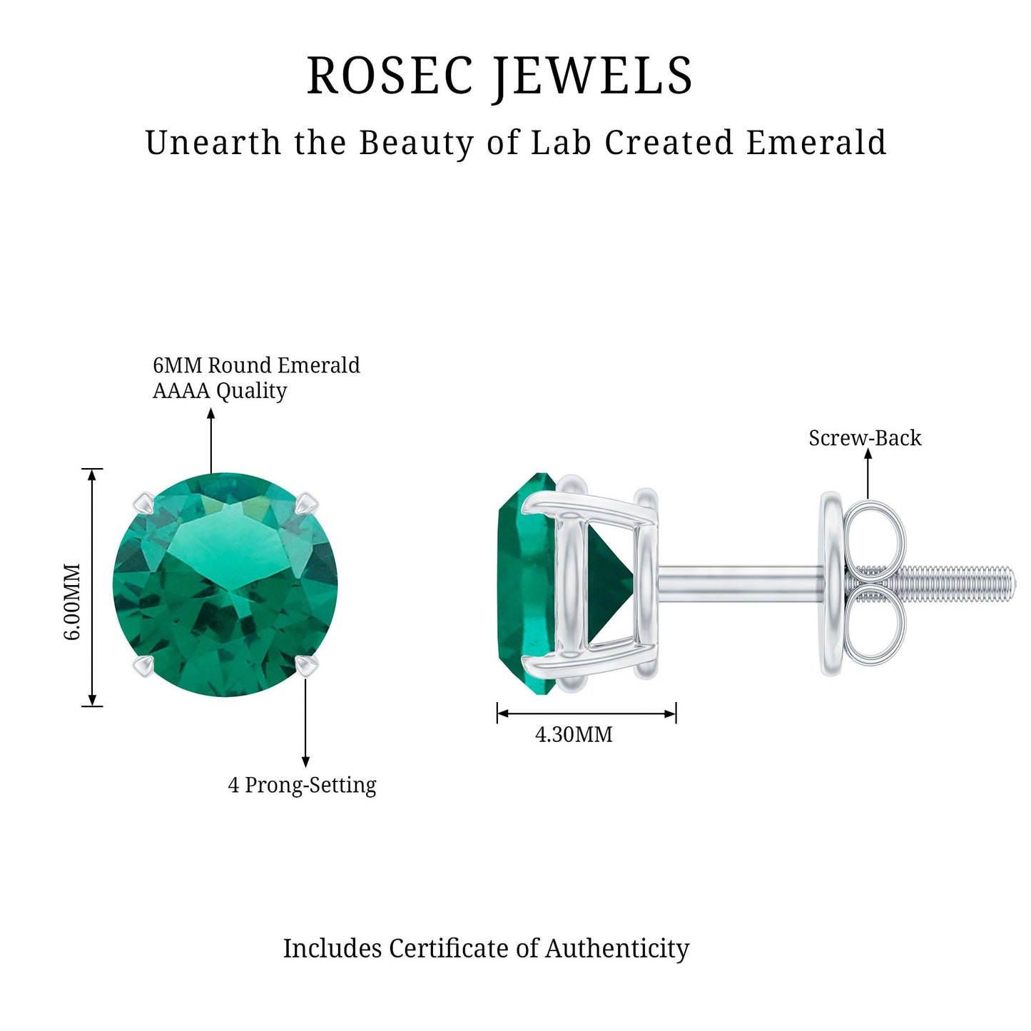 Round Shape Lab Grown Emerald Solitaire Stud Earrings