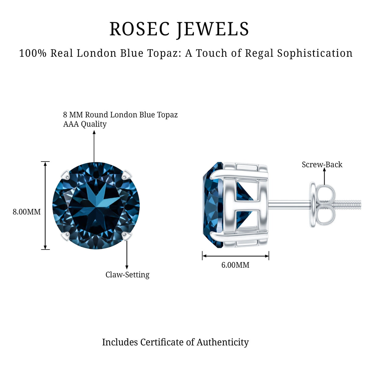 Solitaire 4 Carat London Blue Topaz Stud Earrings with Screw Backs