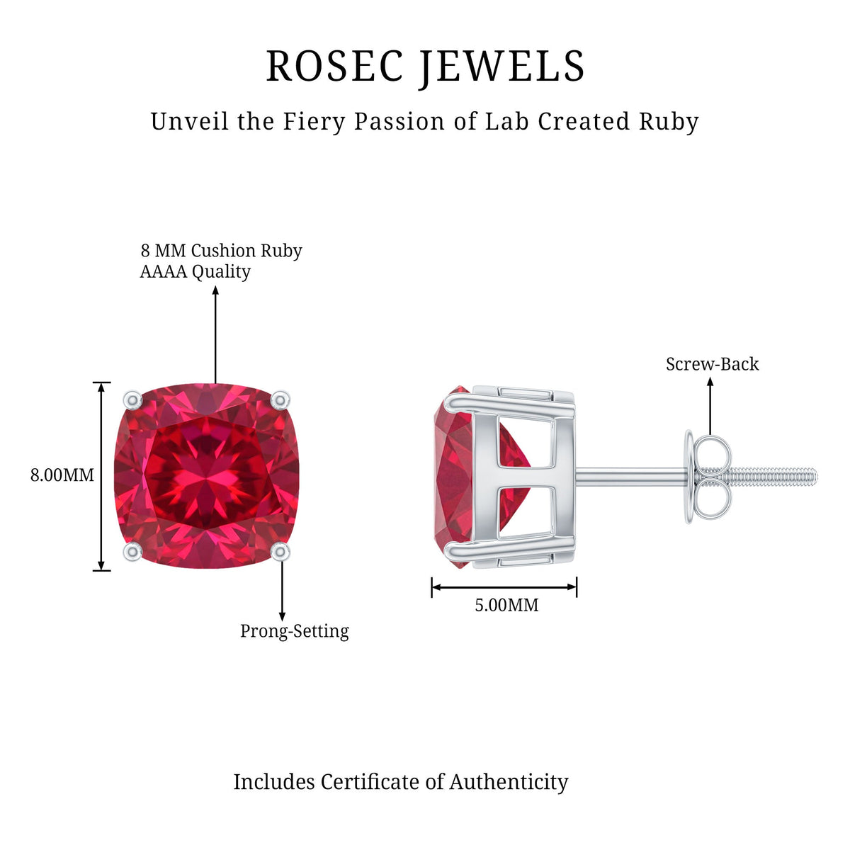 4 Carat Cushion Cut Created Ruby Solitaire Stud Earrings