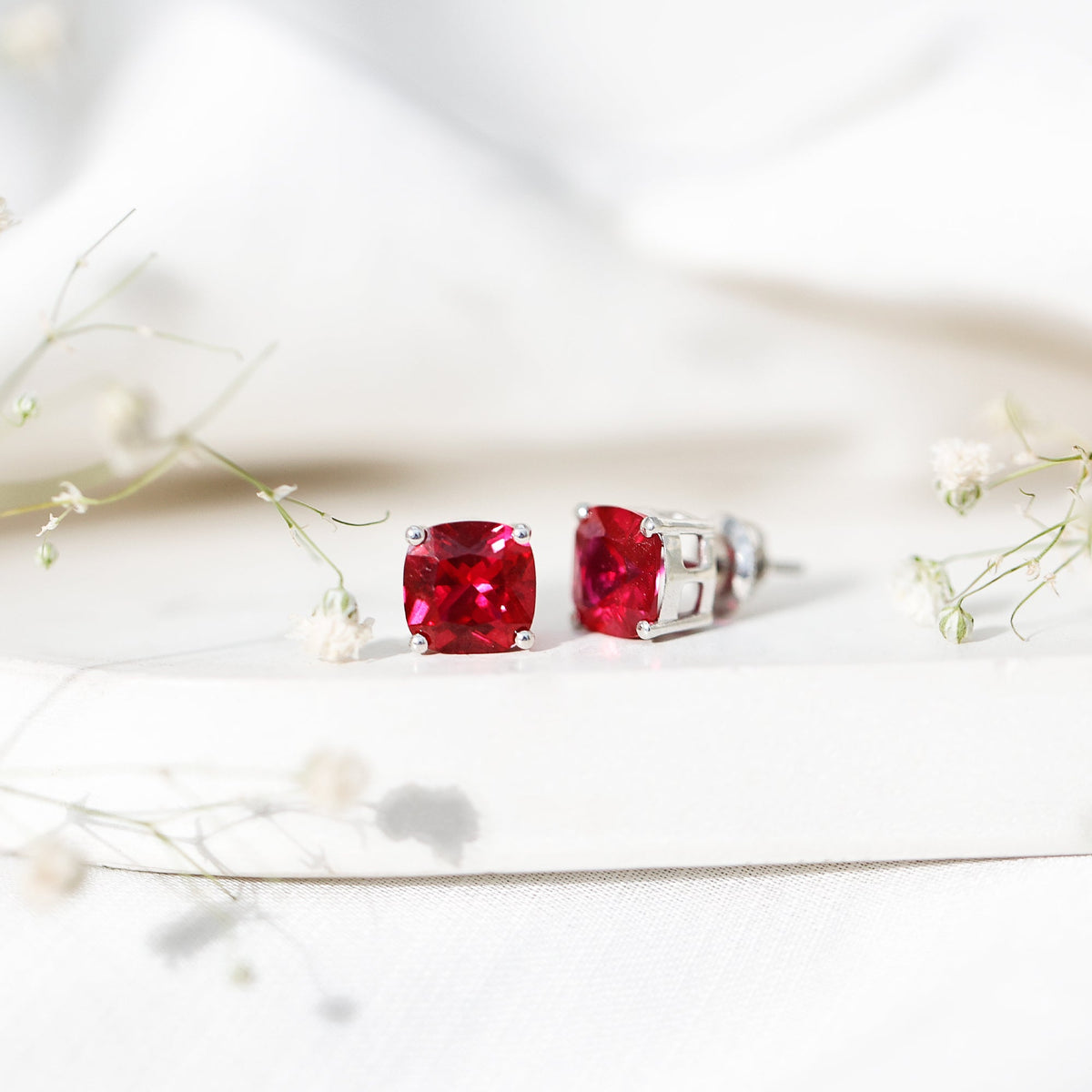 4 Carat Cushion Cut Created Ruby Solitaire Stud Earrings