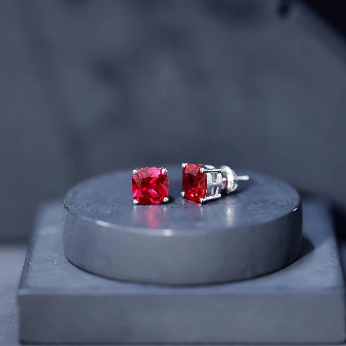 4 Carat Cushion Cut Created Ruby Solitaire Stud Earrings