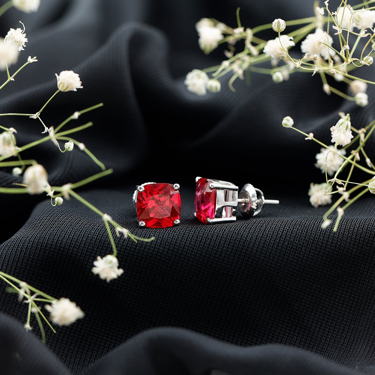 4 Carat Cushion Cut Created Ruby Solitaire Stud Earrings