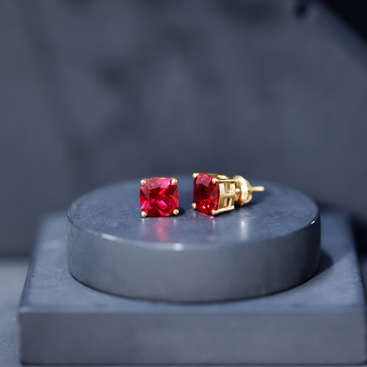 4 Carat Cushion Cut Created Ruby Solitaire Stud Earrings
