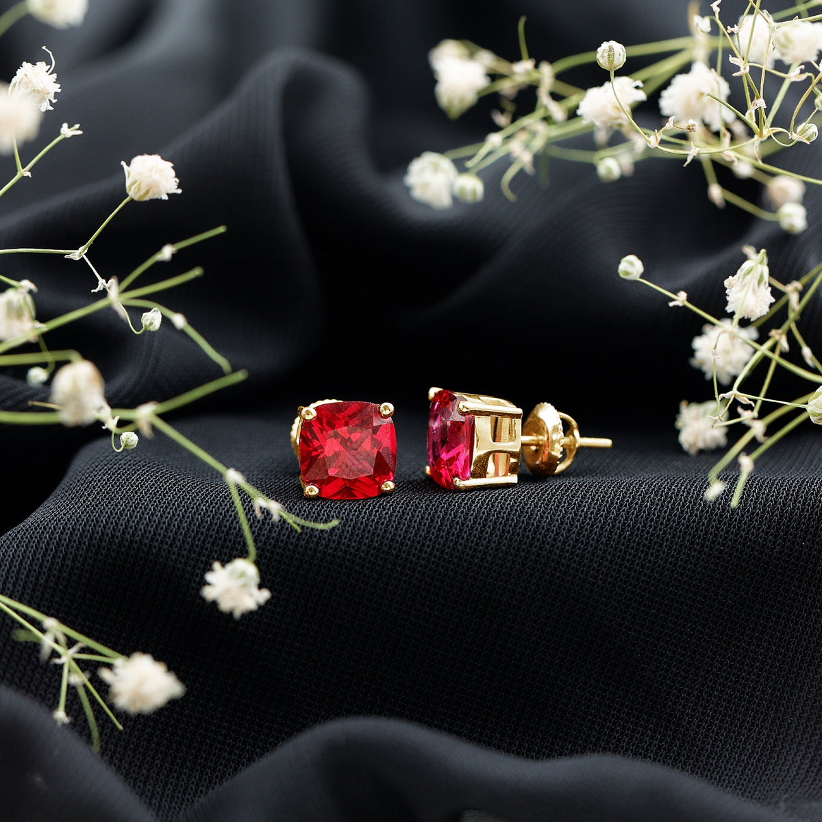 4 Carat Cushion Cut Created Ruby Solitaire Stud Earrings