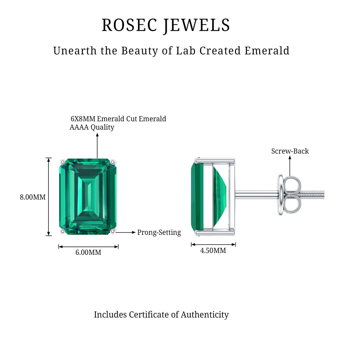 3.3 Carat Emerald Cut Lab Grown Emerald Solitaire Stud Earrings