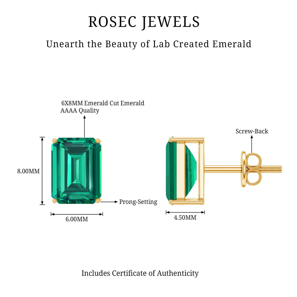 3.3 Carat Emerald Cut Lab Grown Emerald Solitaire Stud Earrings