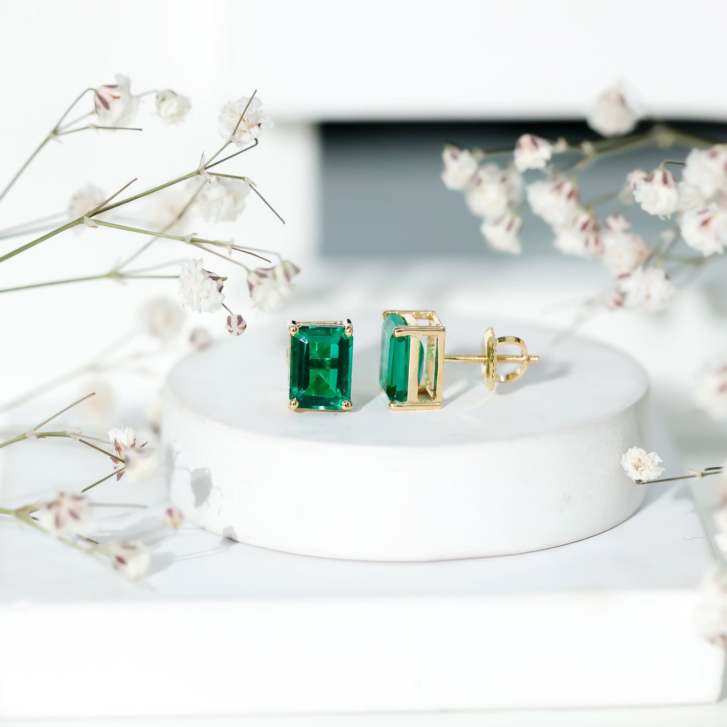 3.3 Carat Emerald Cut Lab Grown Emerald Solitaire Stud Earrings