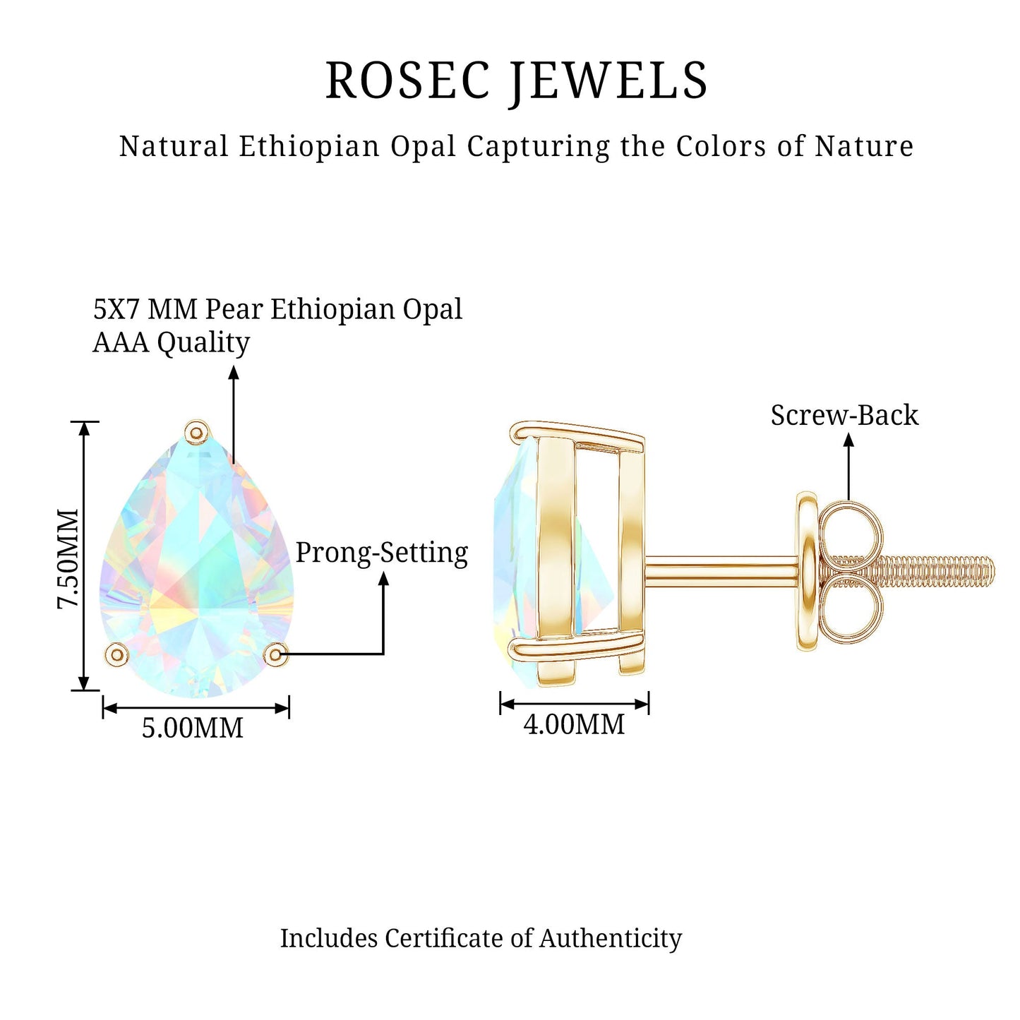 Pear Cut Ethiopian Opal Solitaire Stud Earrings in Gold
