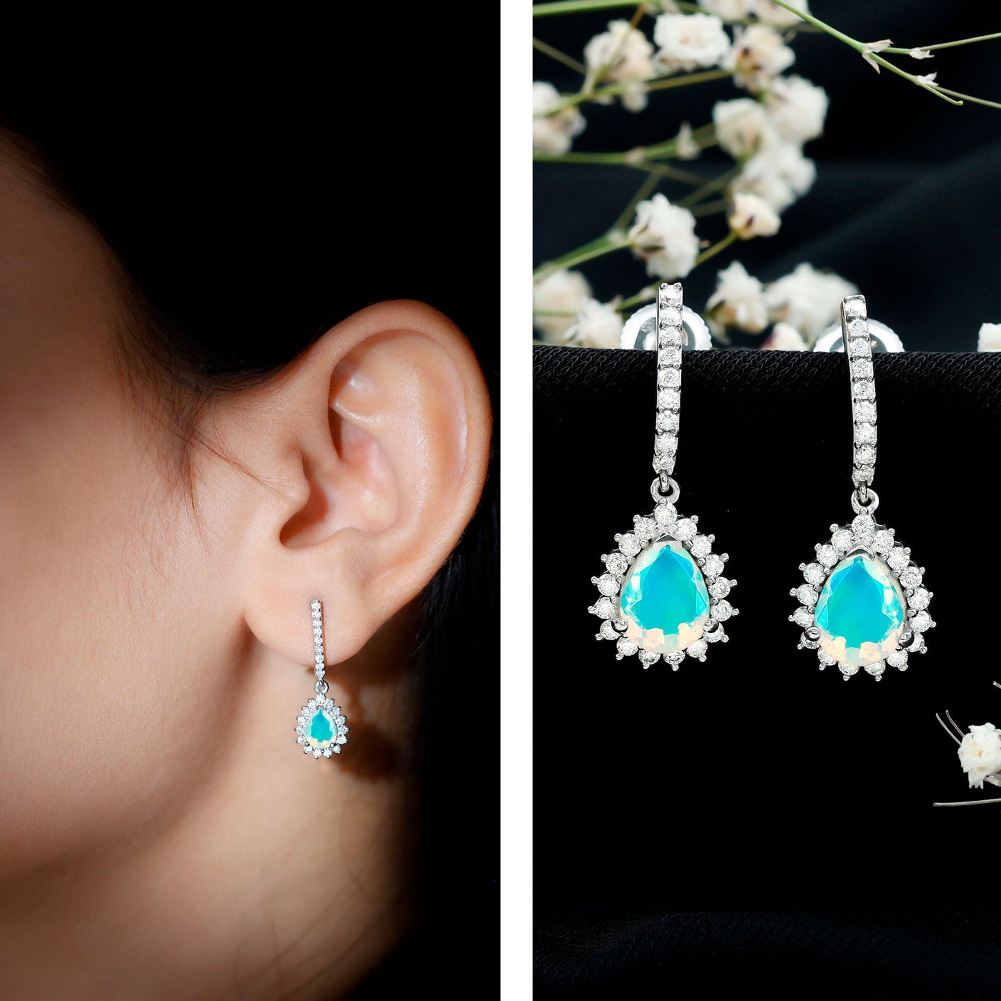 Natural Ethiopian Opal Teardrop Bridal Earrings with Moissanite Accent