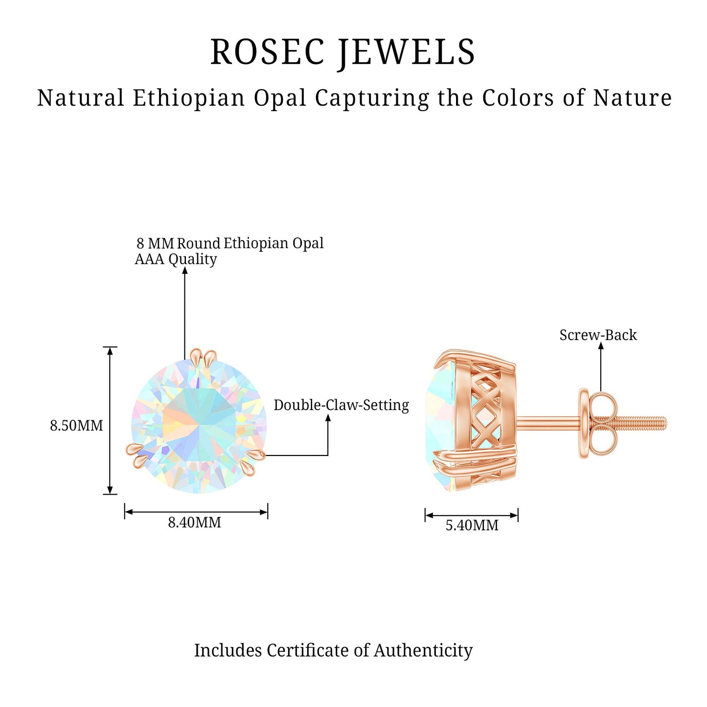 4 Carat Ethiopian Opal Solitaire Stud Earrings in Double Prong Setting