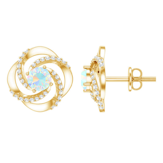 Genuine Ethiopian Opal and Diamond Swirl Stud Earrings