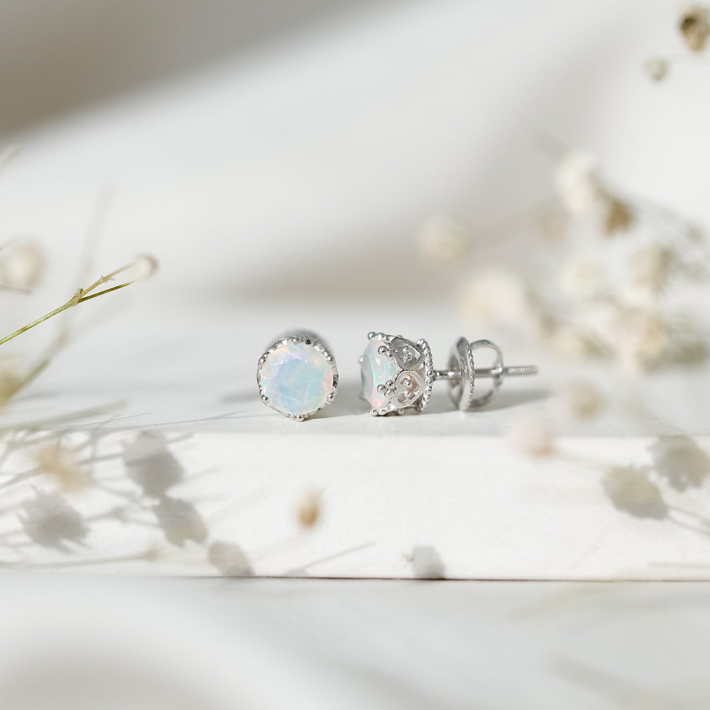 Natural Ethiopian Opal Crown Stud Earrings with Screw Back