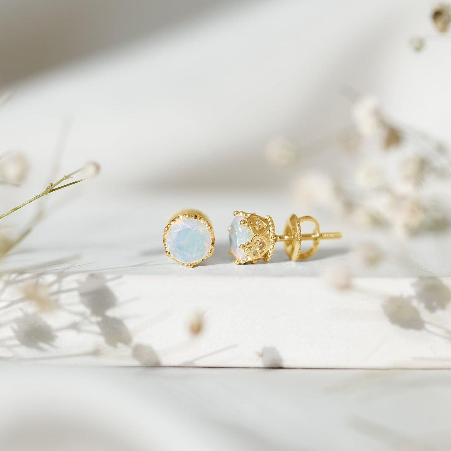 Natural Ethiopian Opal Crown Stud Earrings with Screw Back
