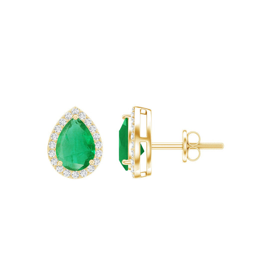 Natural 1.3 Carat Pear Shape Emerald Stud Earrings with Diamond Halo