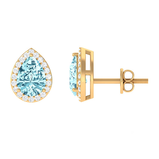 Natural Pear Shape Aquamarine Stud Earrings with Diamond Halo