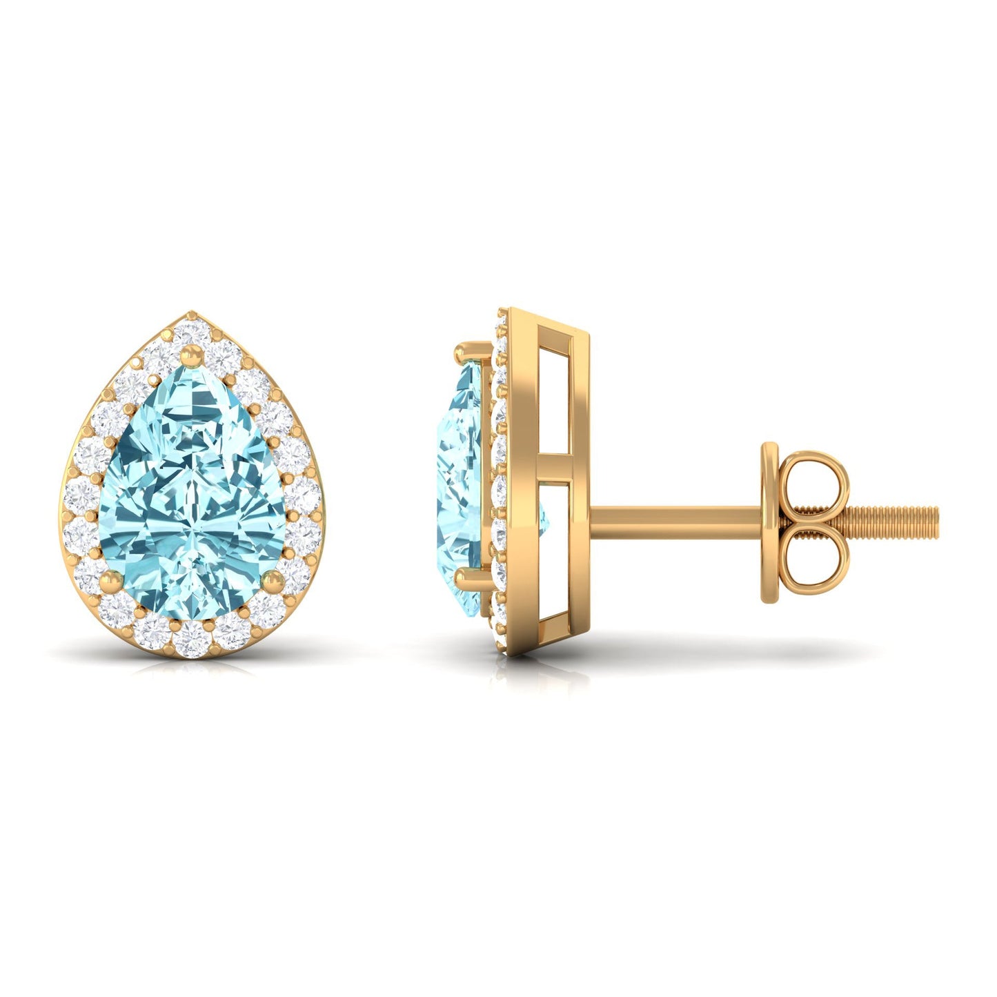 Natural Pear Shape Aquamarine Stud Earrings with Diamond Halo