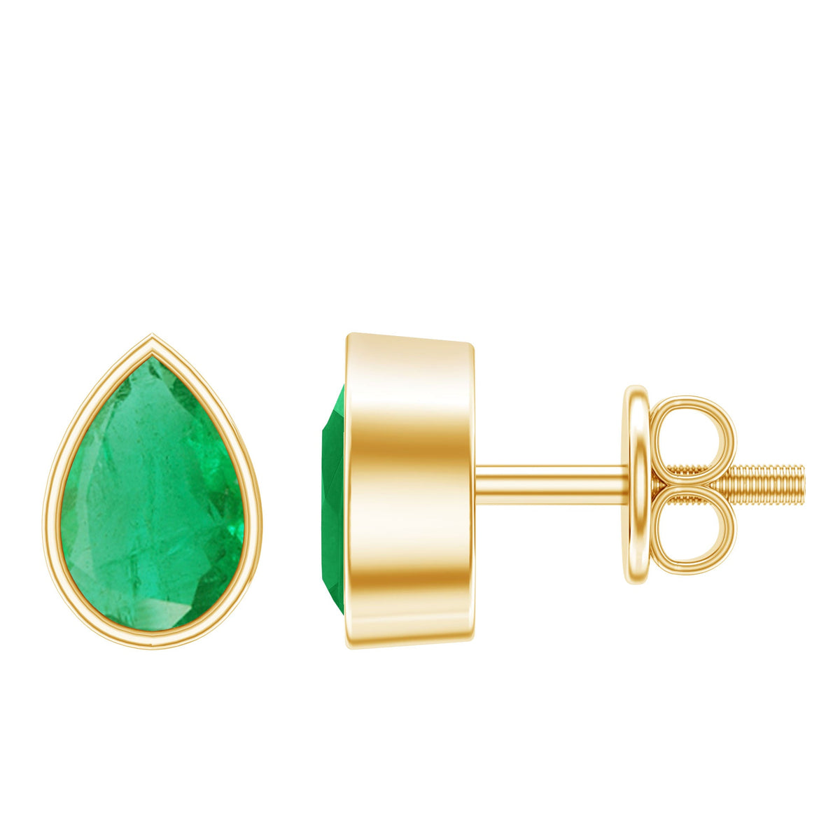 Genuine Emerald Teardrop Stud Earrings in Bezel Setting