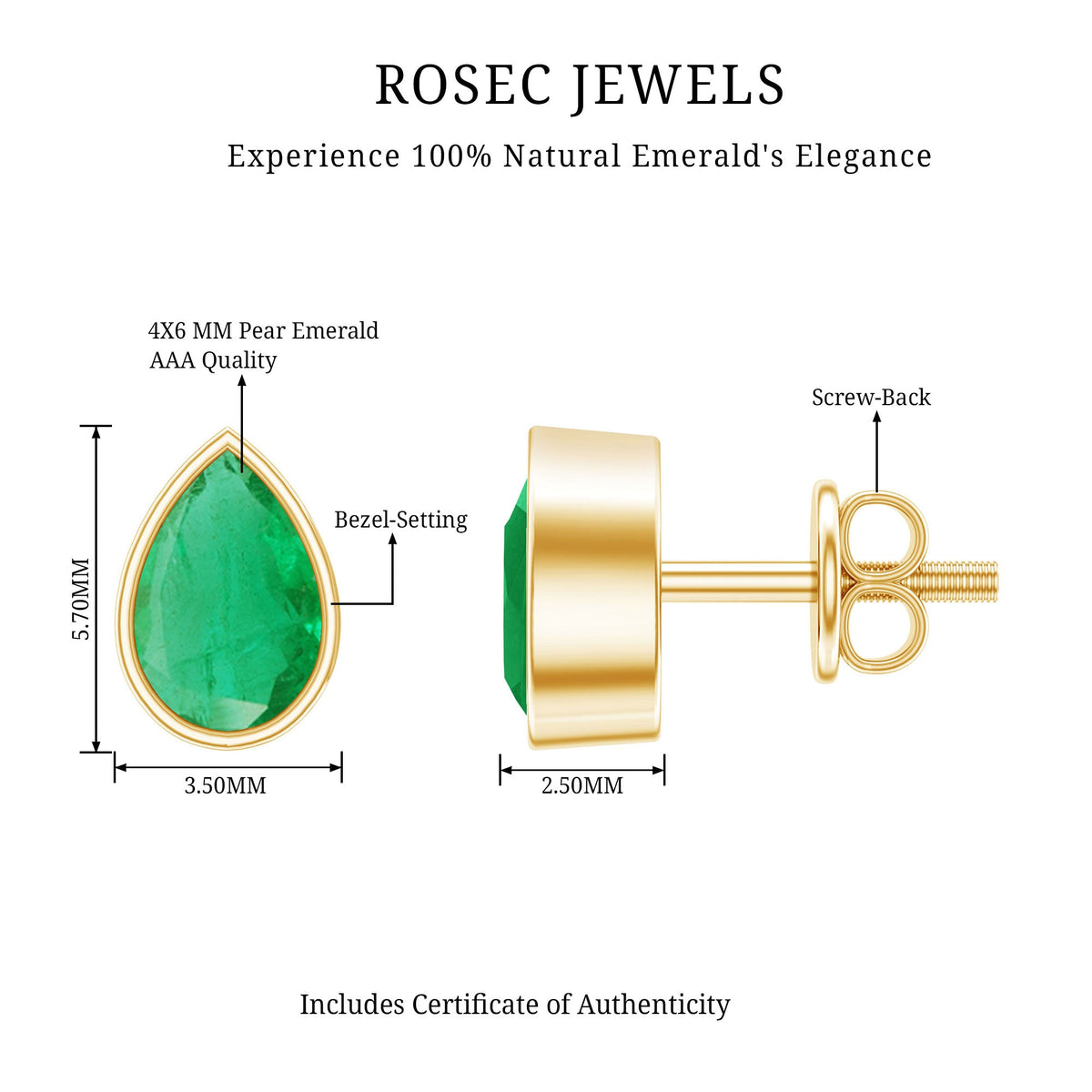 Genuine Emerald Teardrop Stud Earrings in Bezel Setting