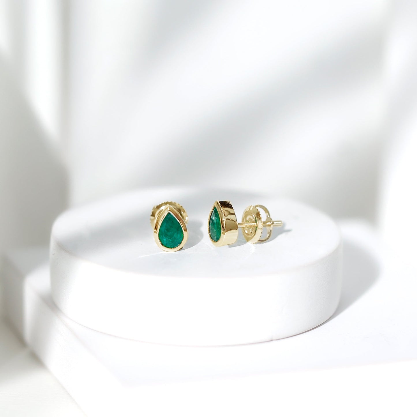 Genuine Emerald Teardrop Stud Earrings in Bezel Setting