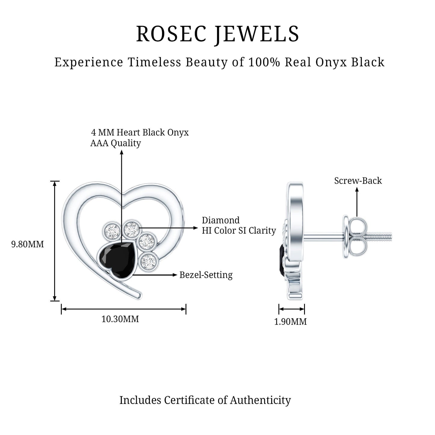 Heart Shape Black Onyx and Diamond Paw Stud Earrings