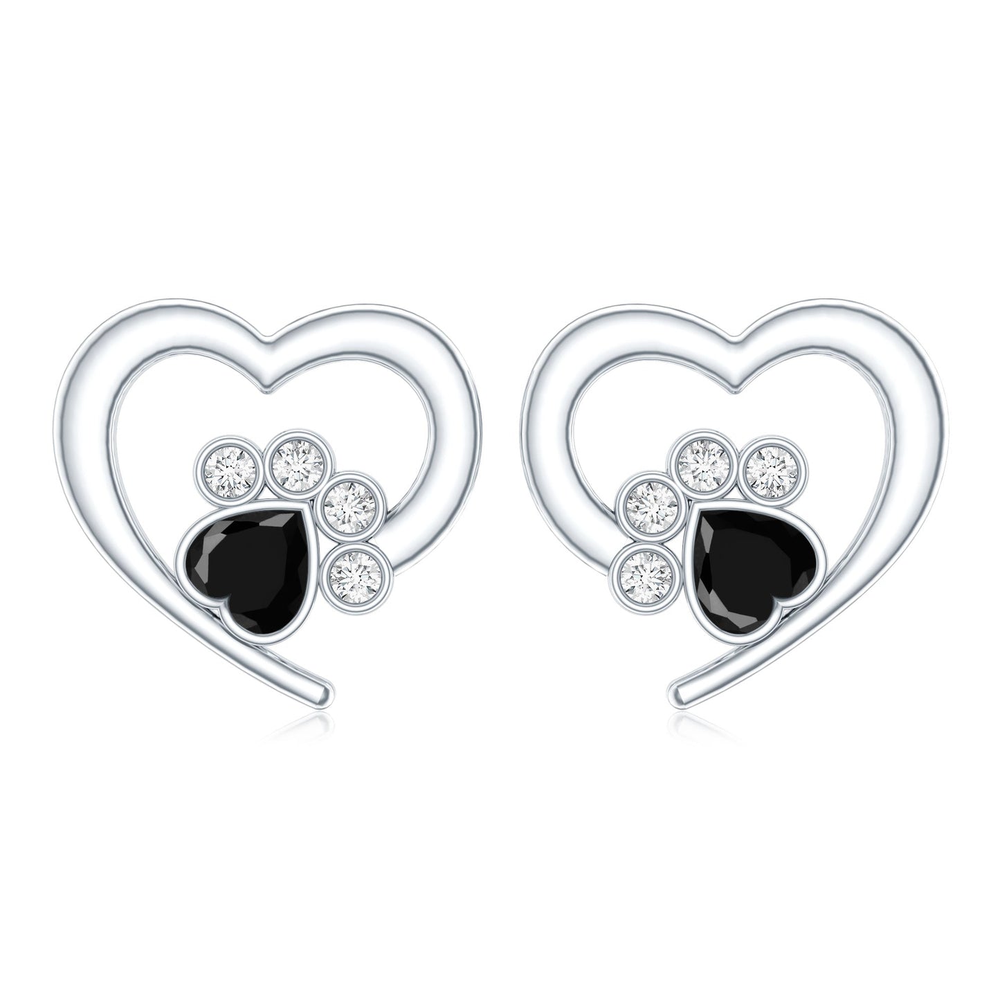 Heart Shape Black Onyx and Diamond Paw Stud Earrings