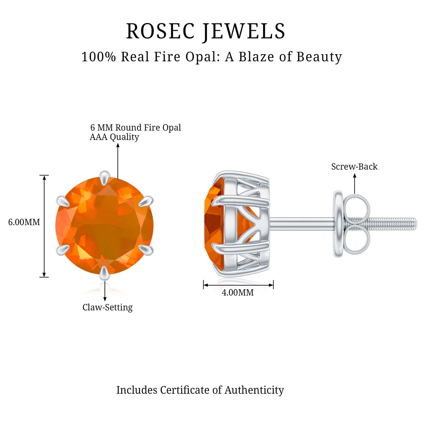 1.5 Carat Round Fire Opal Solitaire Stud Earrings