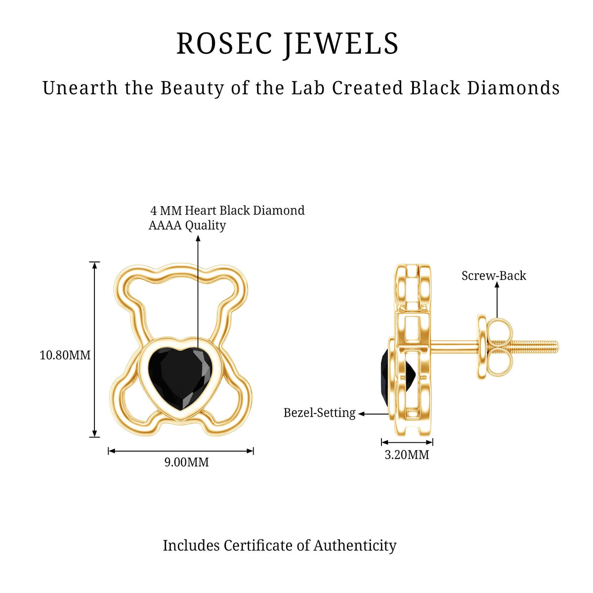 Heart Shape Lab Created Black Diamond Teddy Bear Stud Earrings