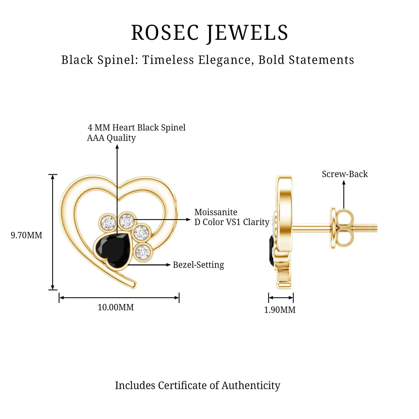 Heart Shape Black Spinel Paw Stud Earrings with Moissanite