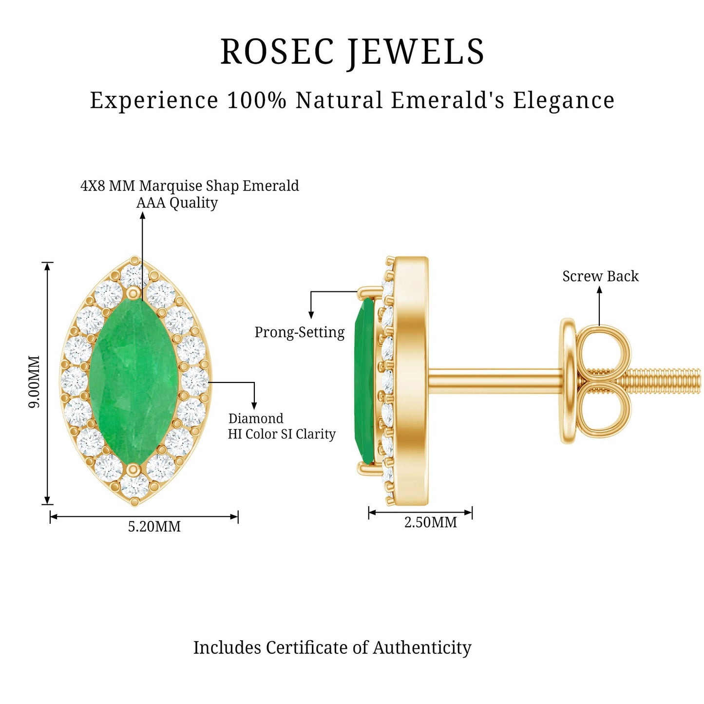 1.6 Carat Marquise Cut Emerald and Diamond Stud Earrings