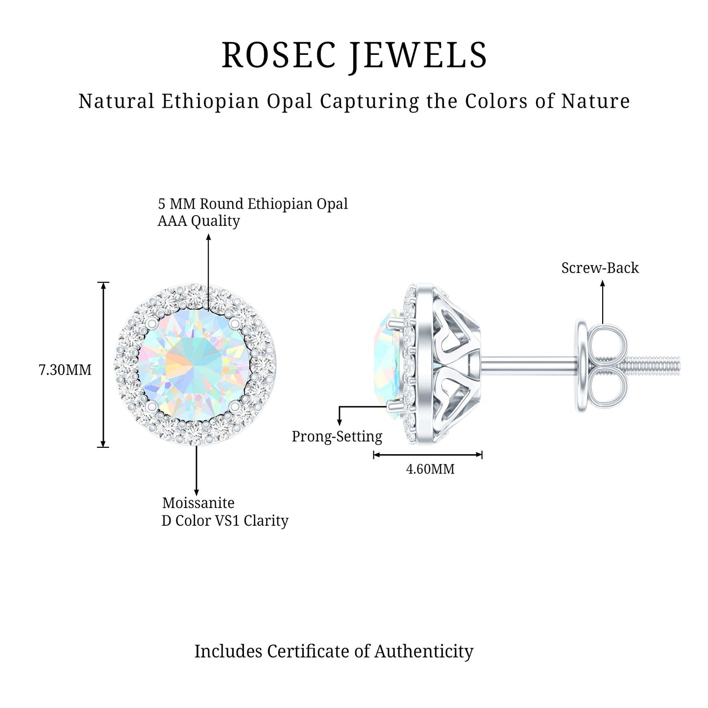 Natural Ethiopian Opal and Moissanite Halo Stud Earrings