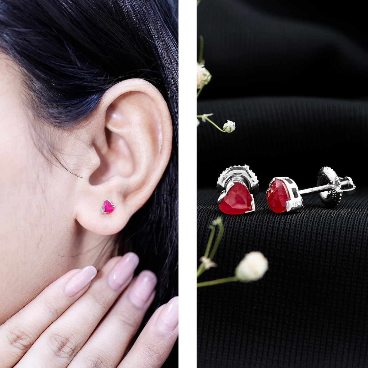 1.3 CT Heart Shape Ruby Solitaire Stud Earrings