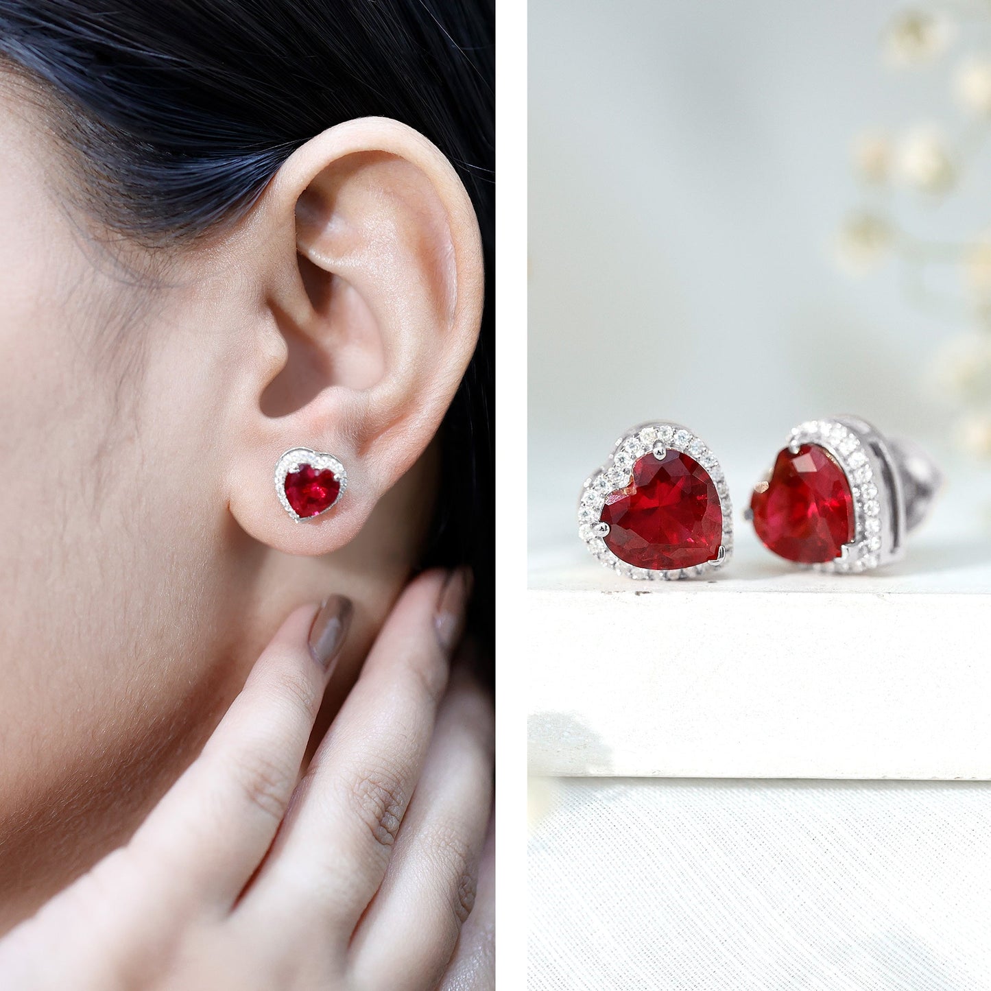 Heart Shape Lab Grown Ruby Stud Earrings For Her